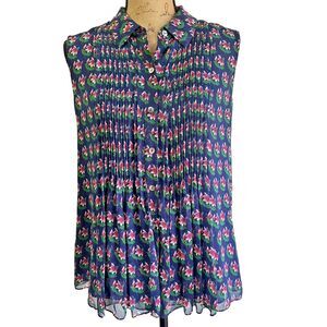 Diane Von Furstenberg Blakely Floral Pleated Front Sleeveless Silk Shirt Sz 10